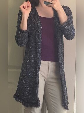 Blue, Black, and Tan Textured, Tweed-y Heidi Hess Long Cardigan, Size Small